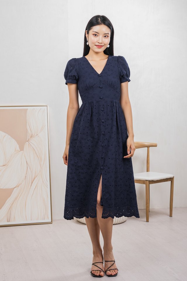 Hansel Eyelet Empire Midi Dress In Navy
