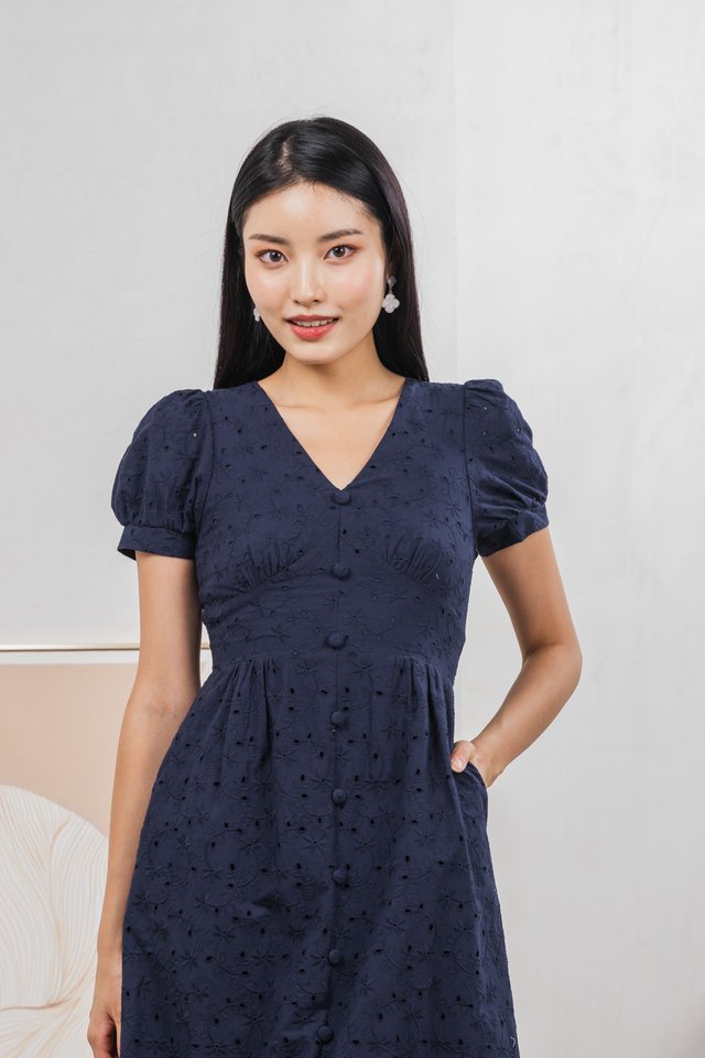 Hansel Eyelet Empire Midi Dress In Navy