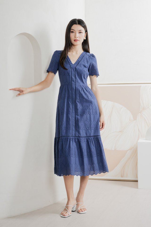 Lindsay Eyelet V neck Midi Dress In Blue