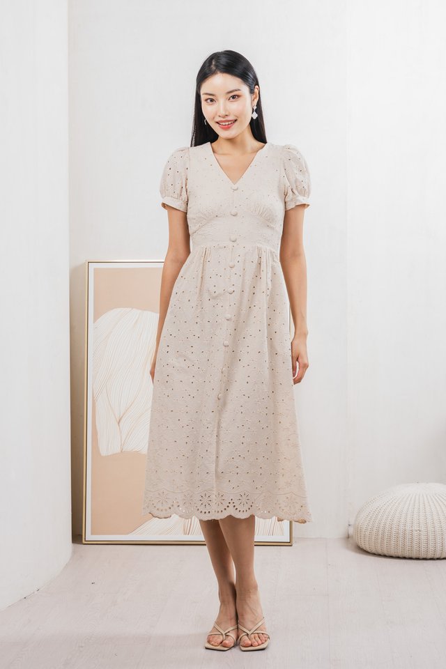 Hansel Eyelet Empire Midi Dress In Cream