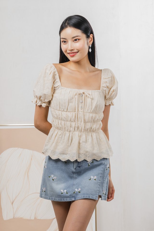 Gretel Embroidery Ribbon Top In Cream