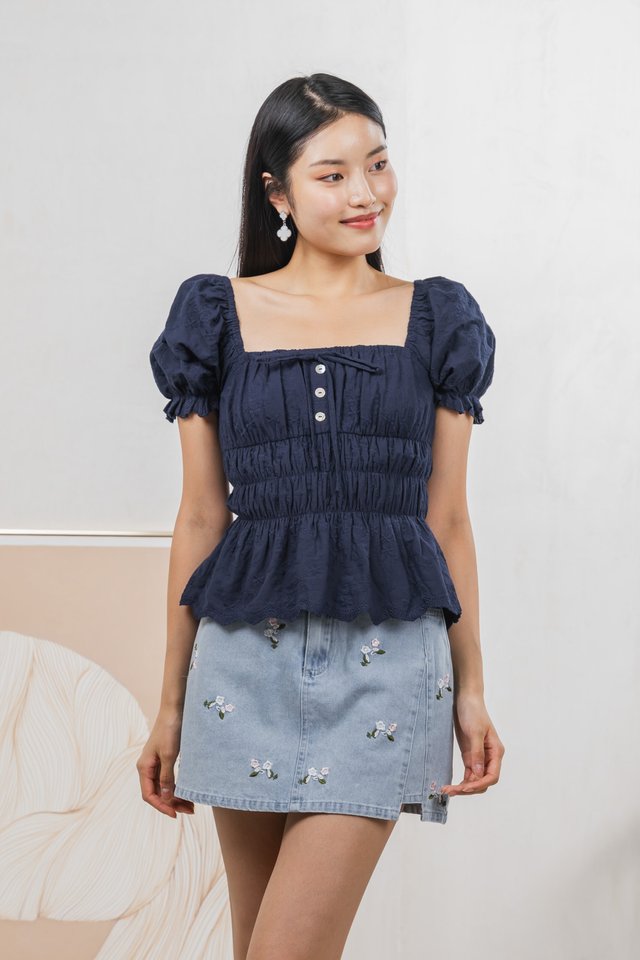 Gretel Embroidery Ribbon Top In Navy