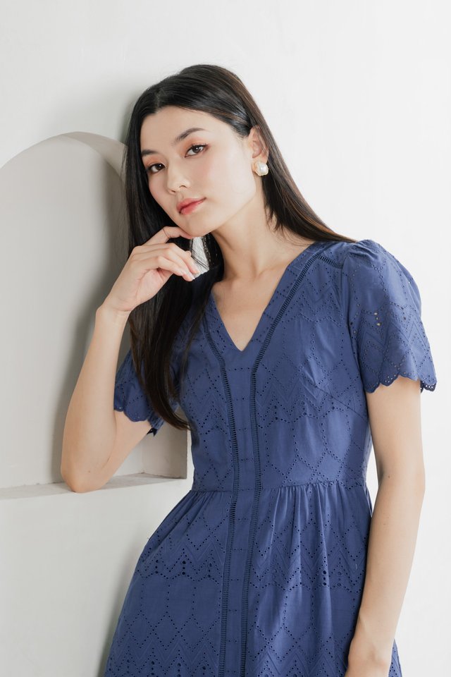 Lindsay Eyelet V neck Midi Dress In Blue