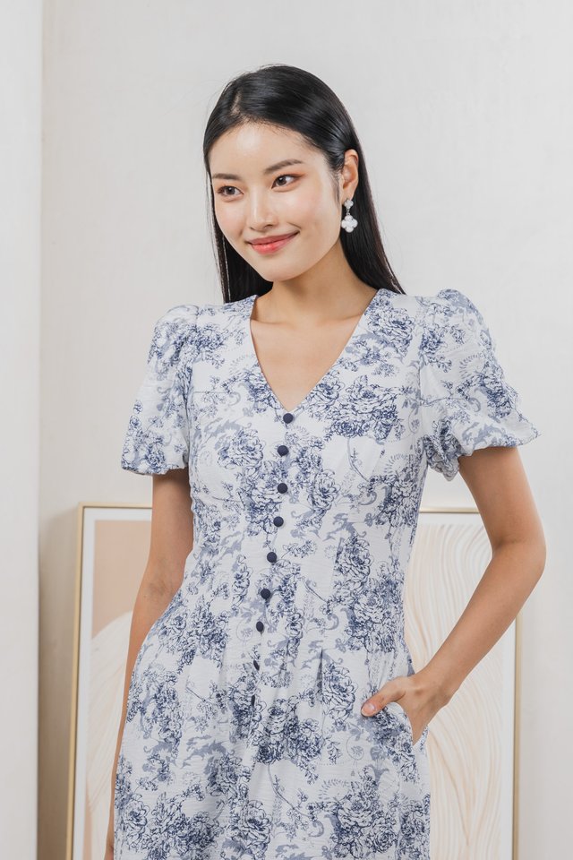 Roslin Printed Button Midi Dress In Navy