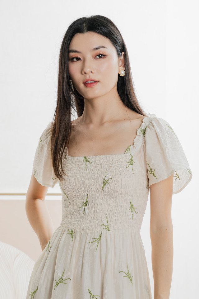 Imperia Smocked Midi Dress In Cream