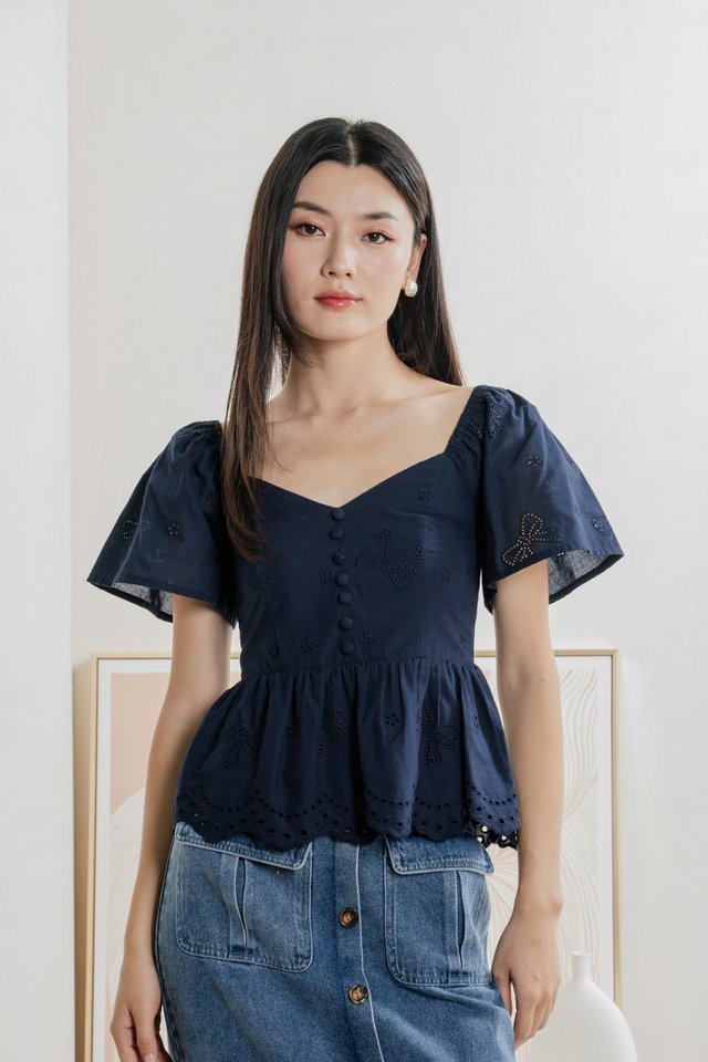Brinia Ribbon Eyelet Button Top In Navy
