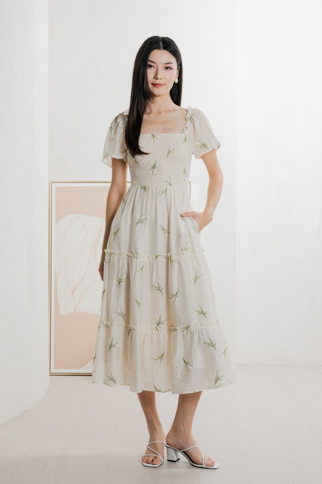 Imperia Smocked Midi Dress In Cream