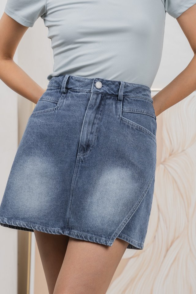 Skye Denim Overlap Skort In Dark Wash