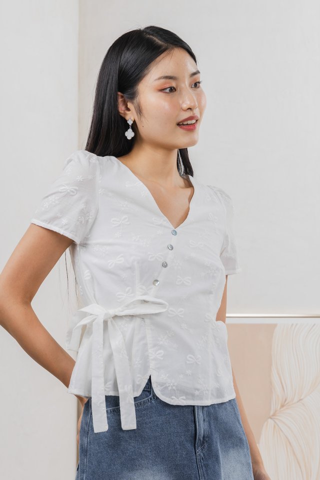 Raye Ribbon Faux Wrap Top In White