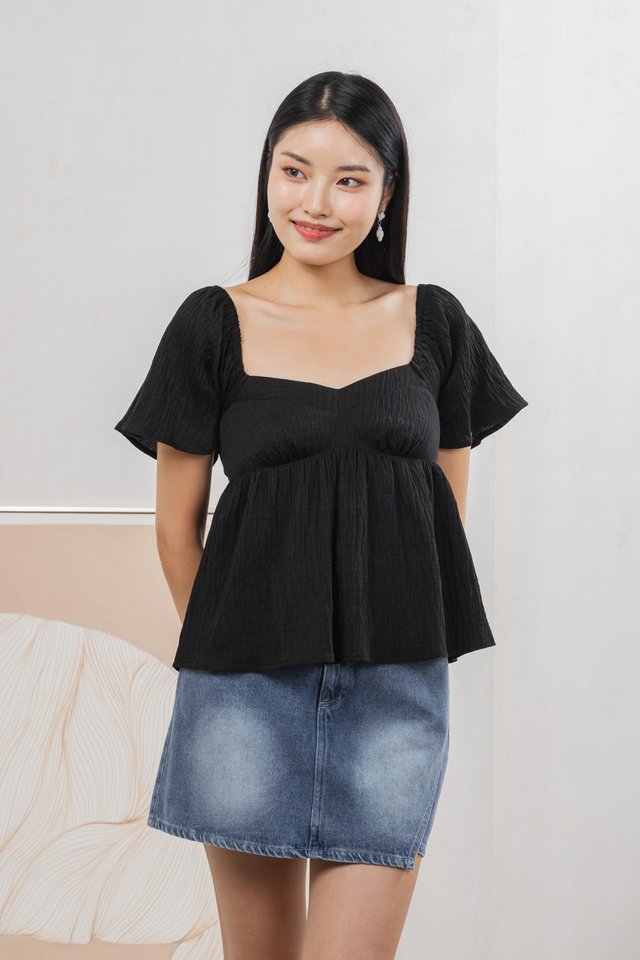 Tanya Textured Babydoll Top In Black