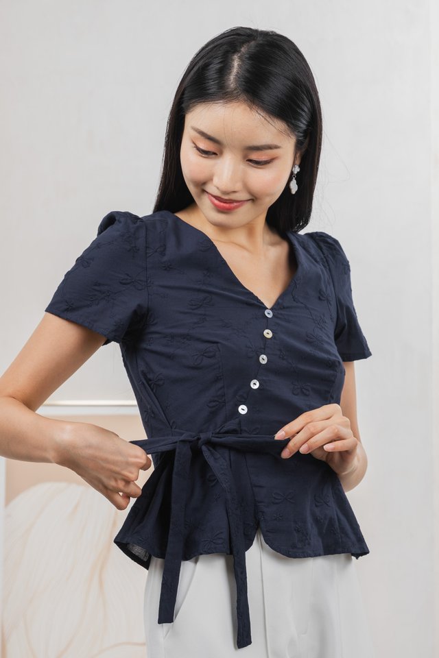 Raye Ribbon Faux Wrap Top In Navy