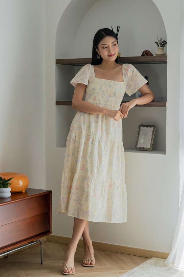 Emylou Smocked Fleur Maxi Dress In Cream