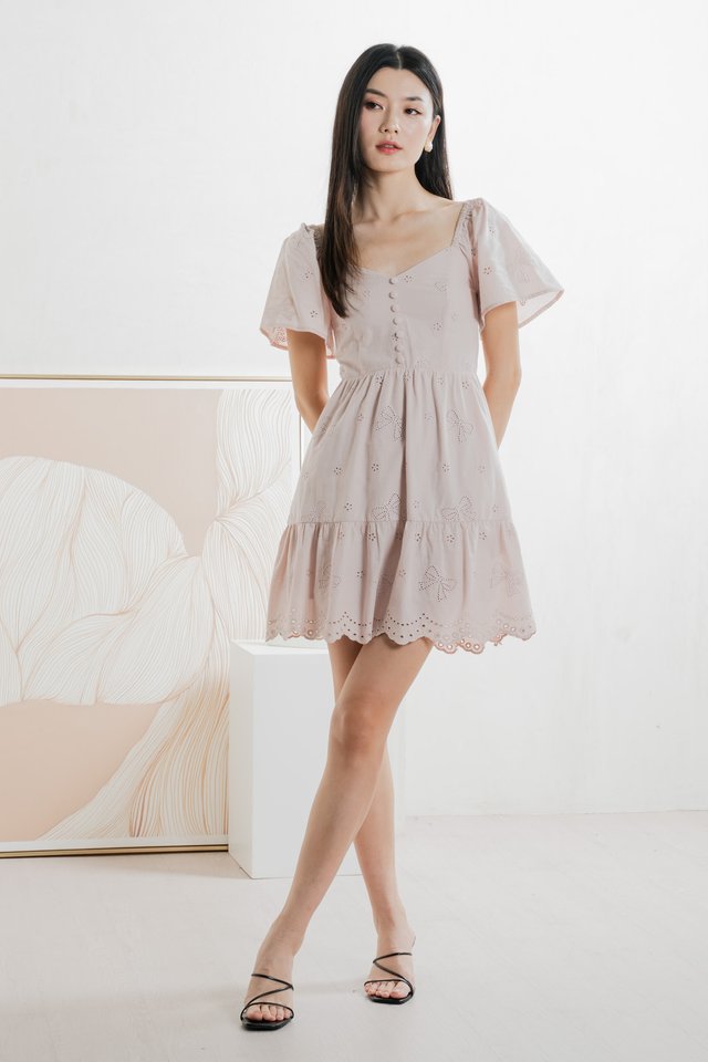 Brinia Ribbon Eyelet Button Dress In Dusty Pink