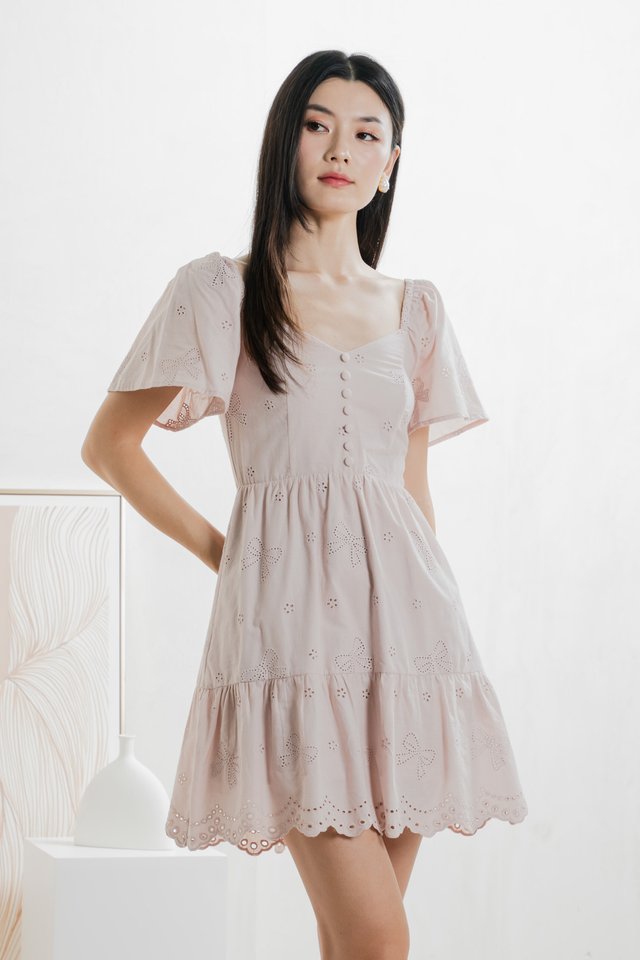 Brinia Ribbon Eyelet Button Dress In Dusty Pink