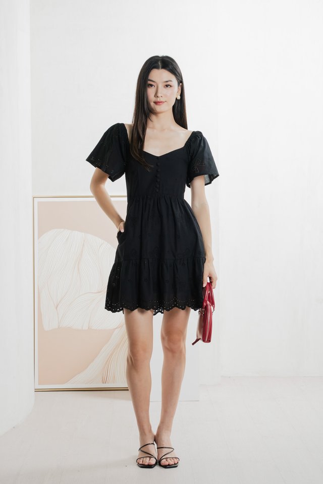 Brinia Ribbon Eyelet Button Dress In Black
