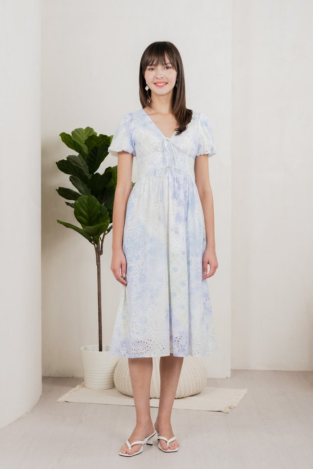 Horizon Watercolour Eyelet Midi Dress In Blue