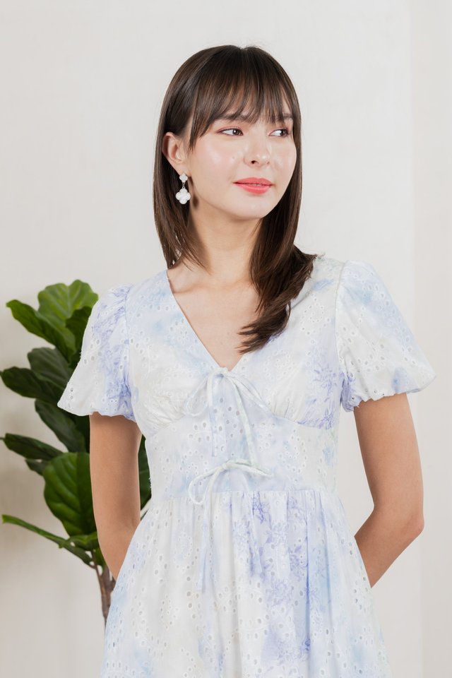 Horizon Watercolour Eyelet Midi Dress In Blue