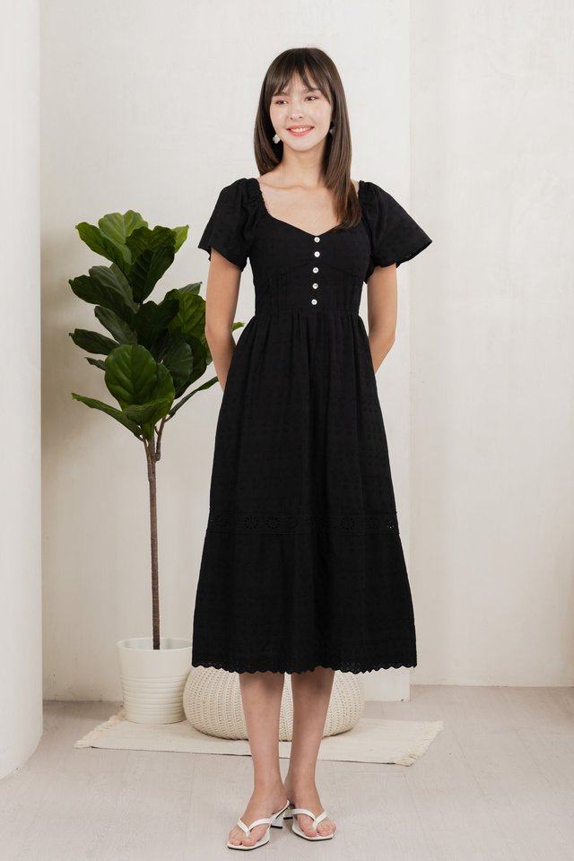 Vanya Embroidery Midi Dress In Black