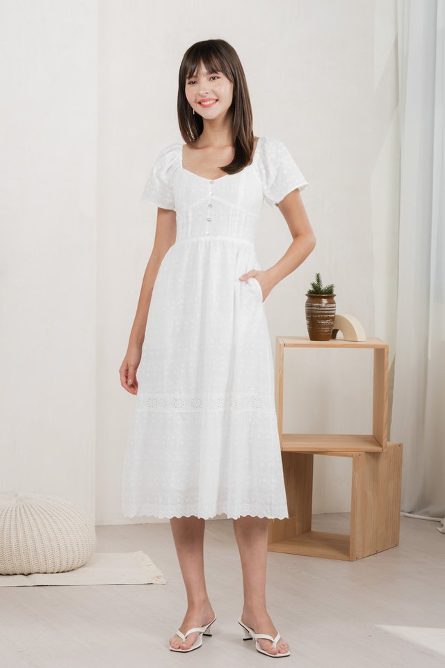 Vanya Embroidery Midi Dress In White
