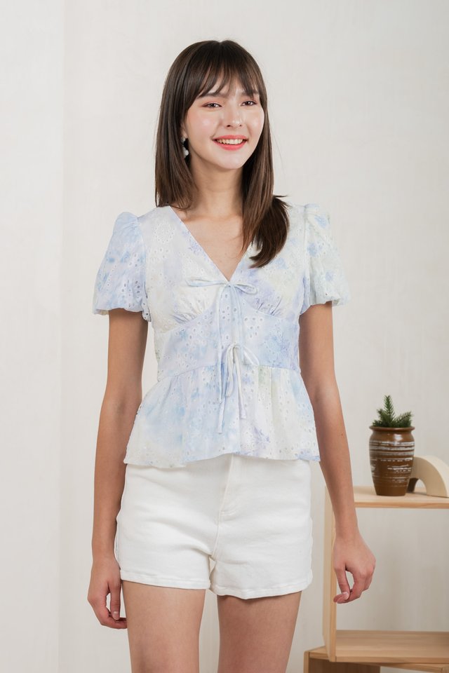 Horizon Watercolour Eyelet Top In Blue