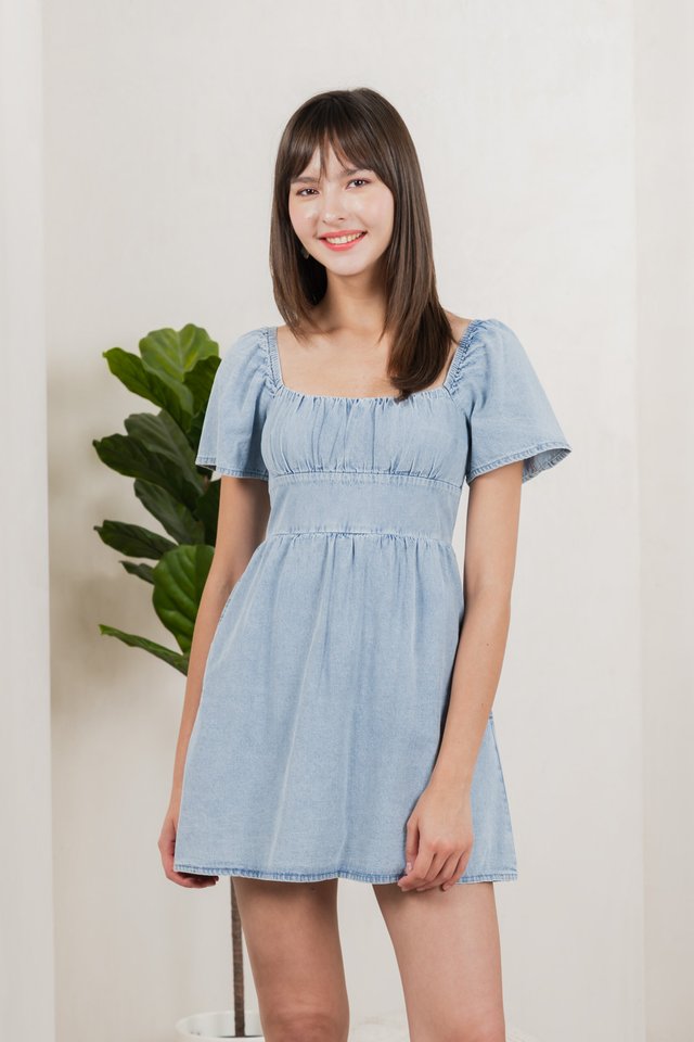 Valentina Ruched Dress Denim Romper