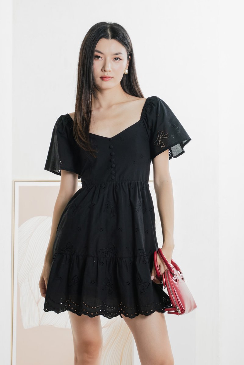 Brinia Ribbon Eyelet Button Dress In Black
