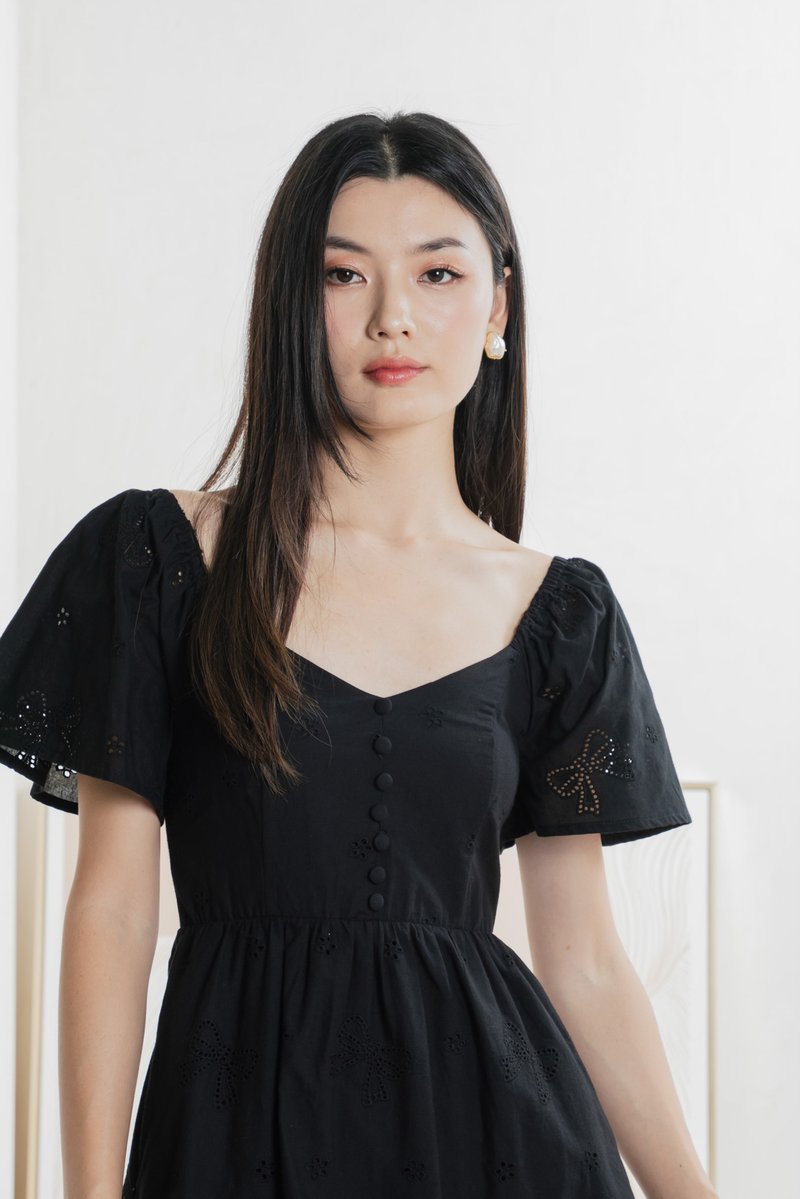 Brinia Ribbon Eyelet Button Dress In Black