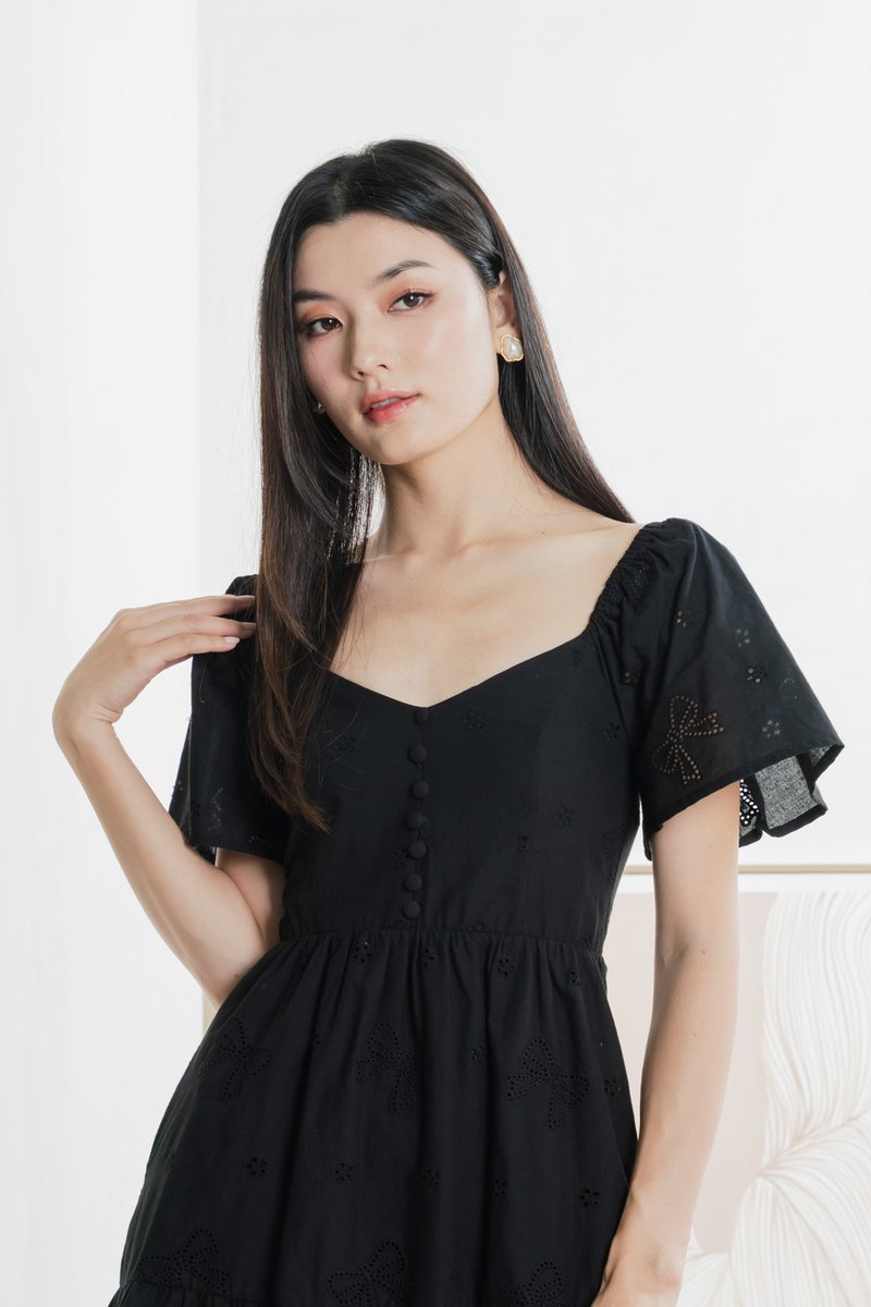 Brinia Ribbon Eyelet Button Dress In Black