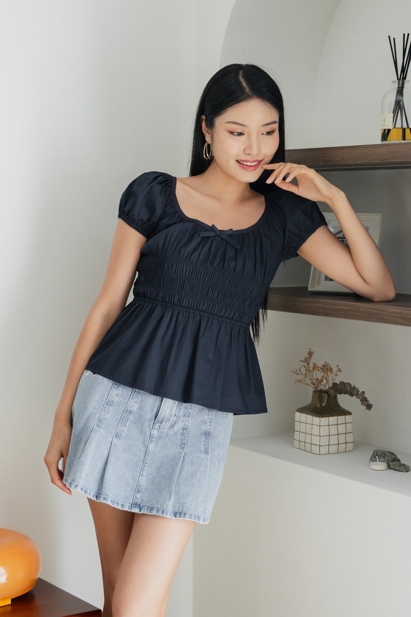 Sunny Smocked Bow Top In Navy