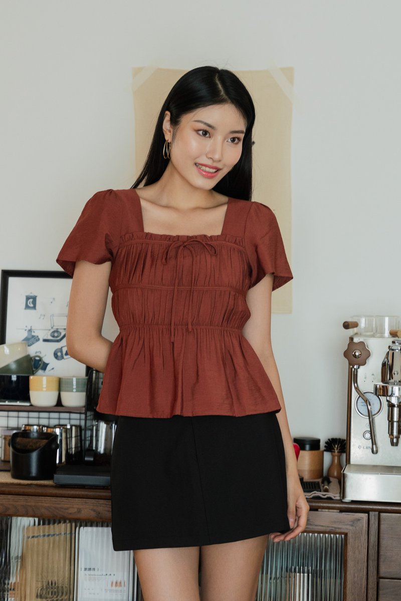 Mari Ruched Ribbon Top In Rust