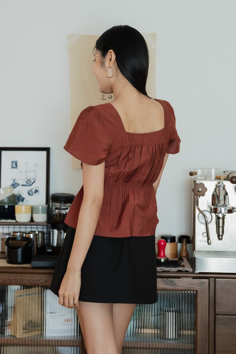 Mari Ruched Ribbon Top In Rust