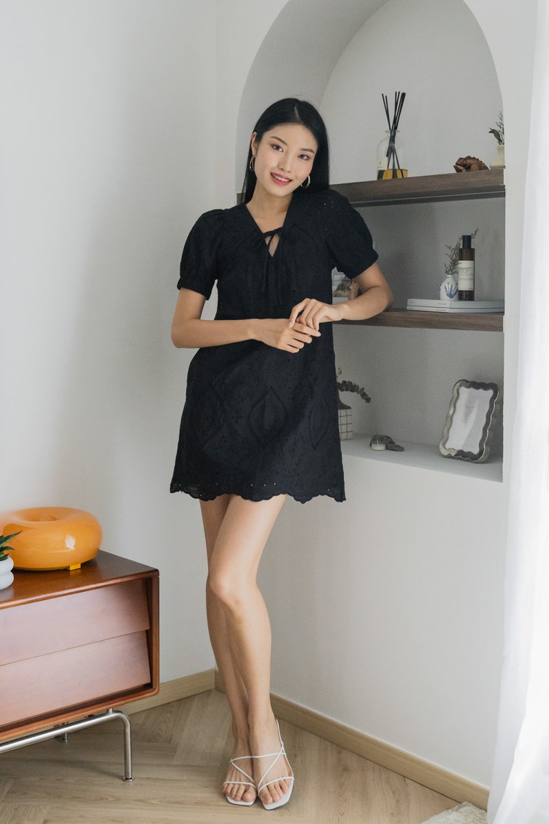 Exlee Eyelet Tie Ribbon Dress In Black