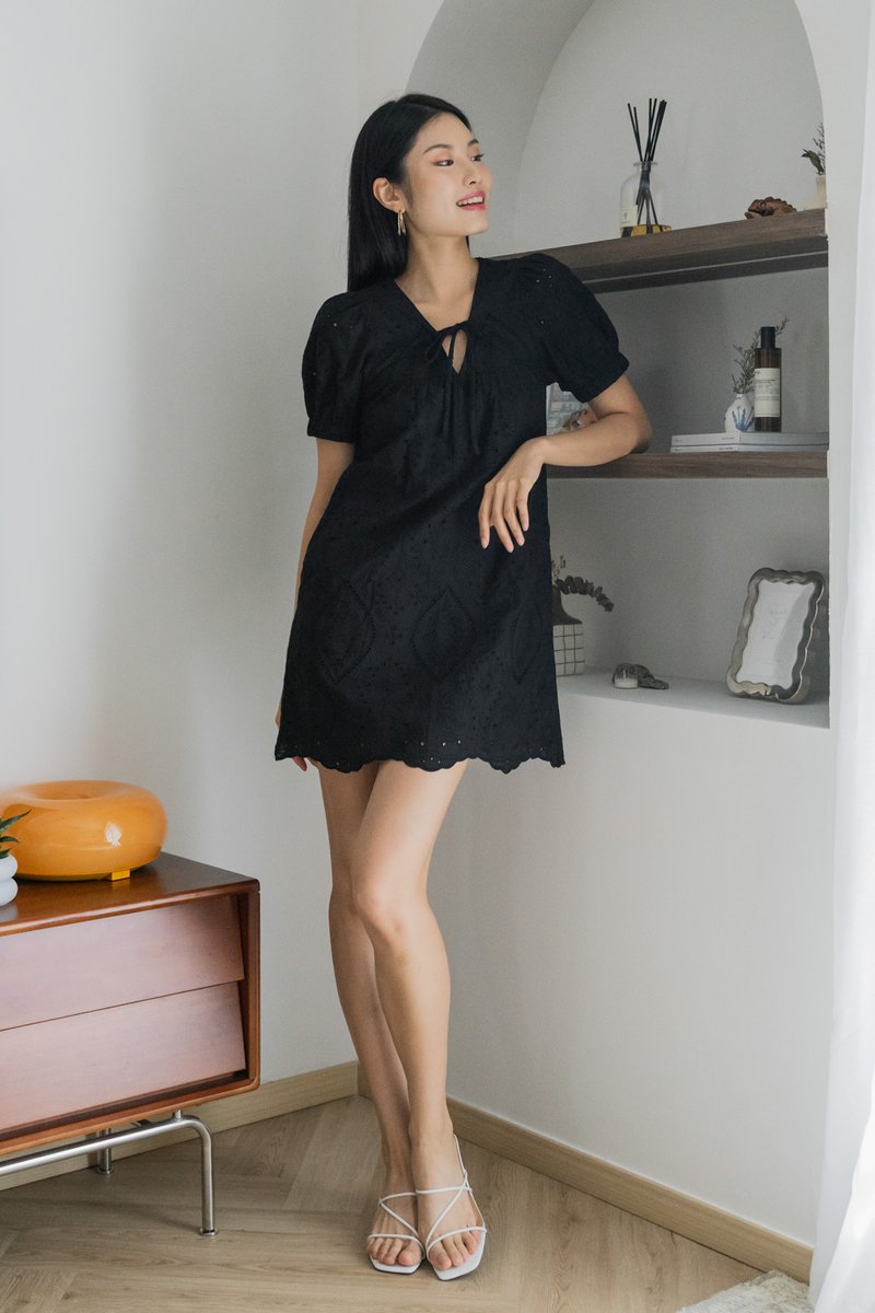 Exlee Eyelet Tie Ribbon Dress In Black