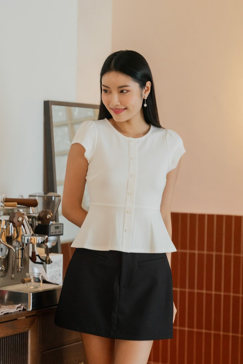Carson Capped Sleeves Button Top In White