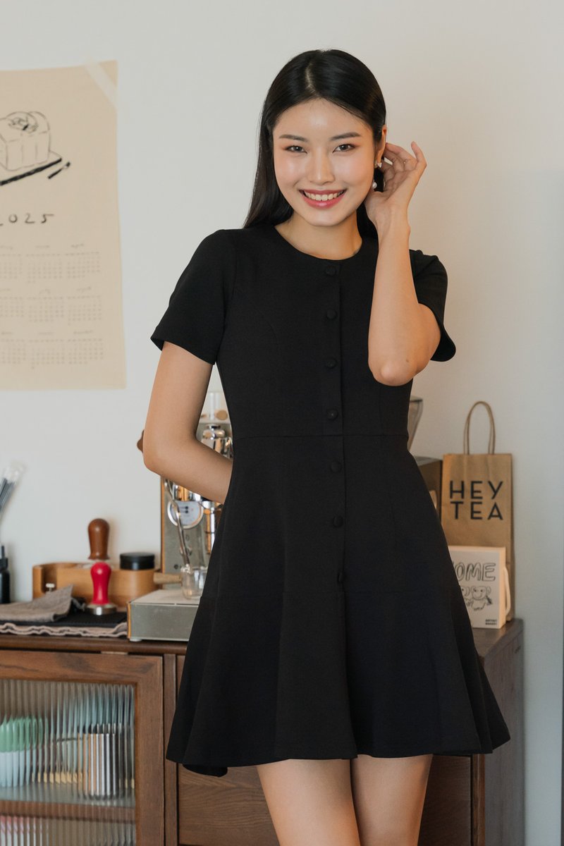 Kait Button Dropwaist Dress In Black (XS)