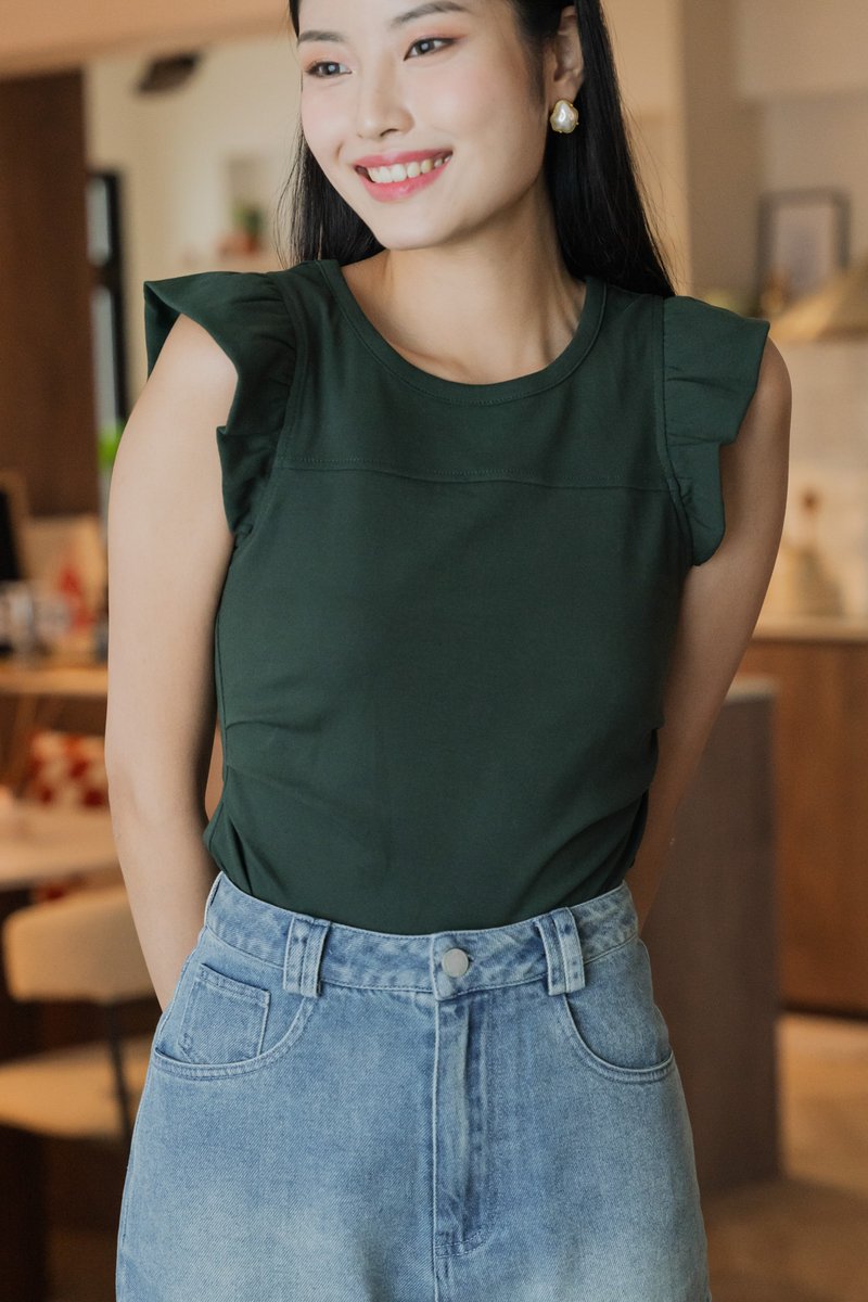 Winfred Side Ruched Cotton Top In Forest