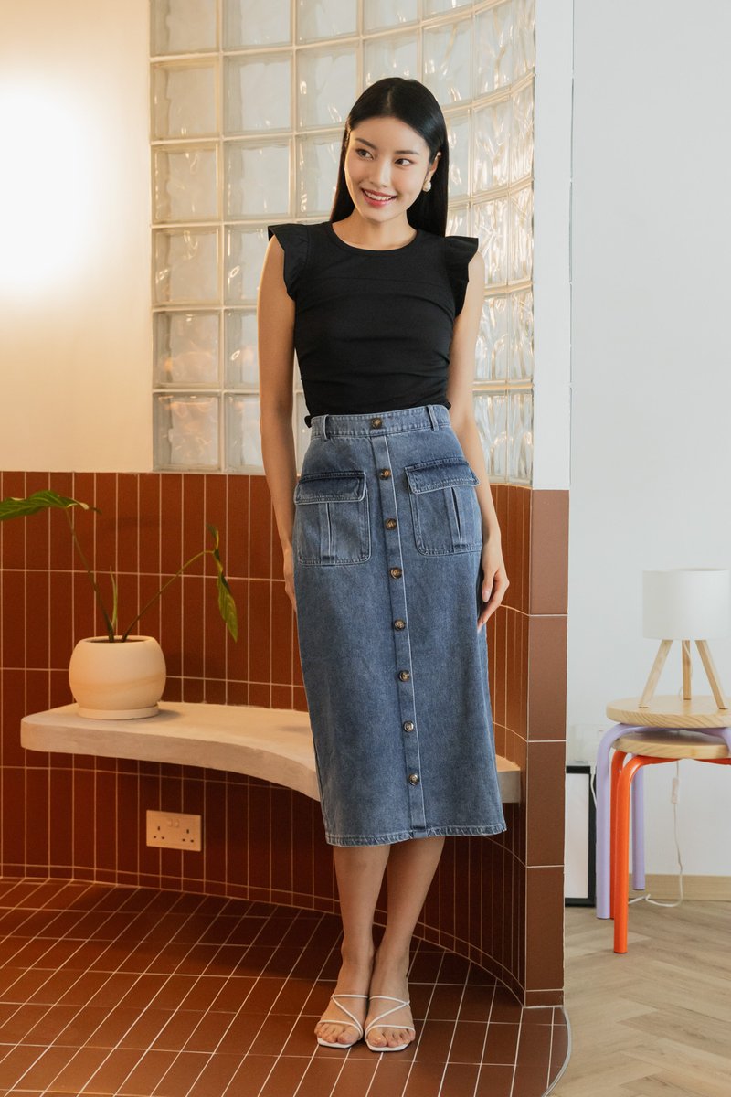 Lynn Denim Button Midi Skirt