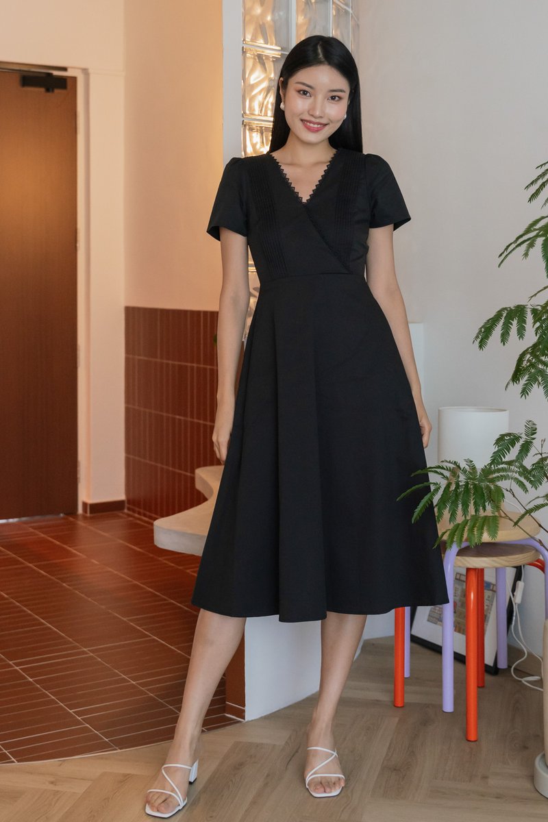 Mal Pintuck Overlap Midi Dress In Black (XS)