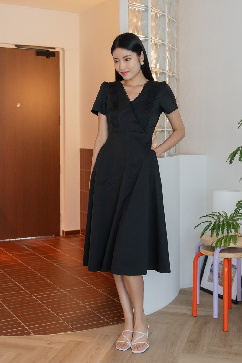 Mal Pintuck Overlap Midi Dress In Black (XS)