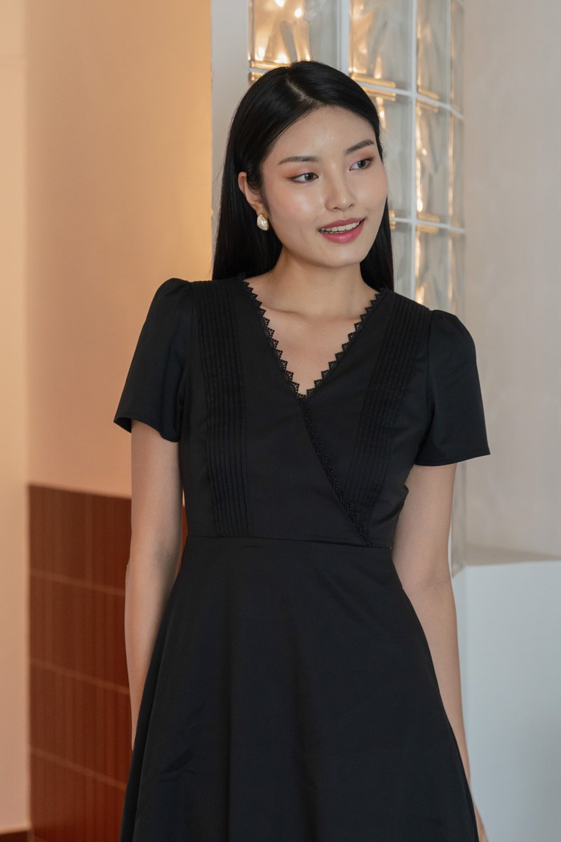 Mal Pintuck Overlap Midi Dress In Black (XS)