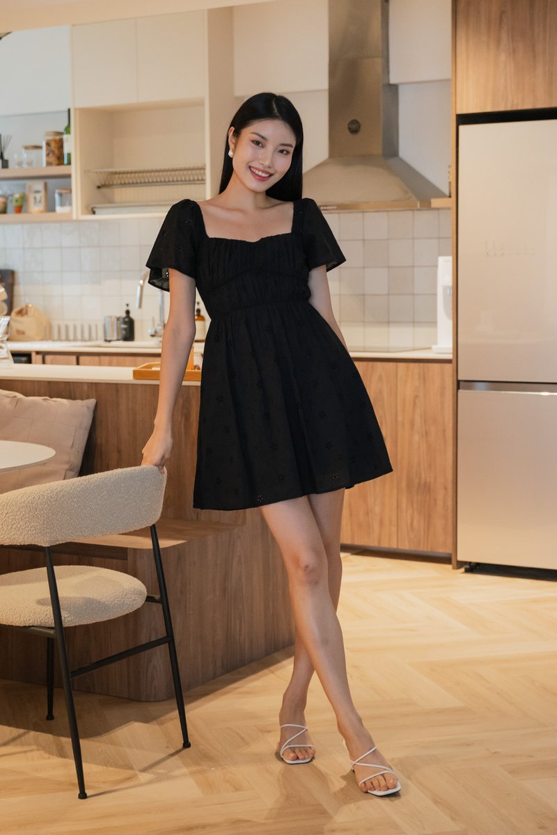 Ashby Eyelet Ruched Dress In Black
