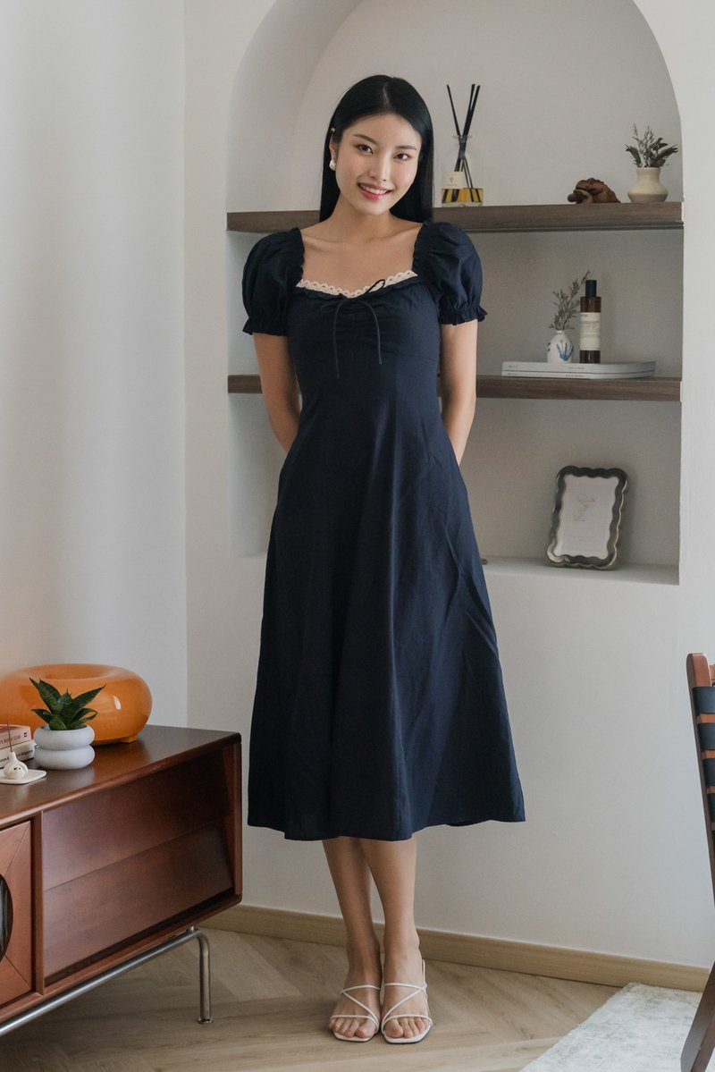 Phaedra Ribbon Lace Midi Dress In Navy (S)