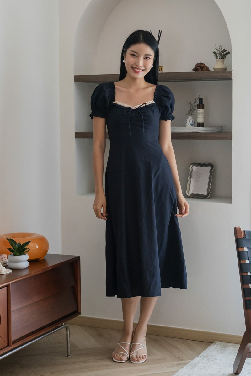 Phaedra Ribbon Lace Midi Dress In Navy (S)