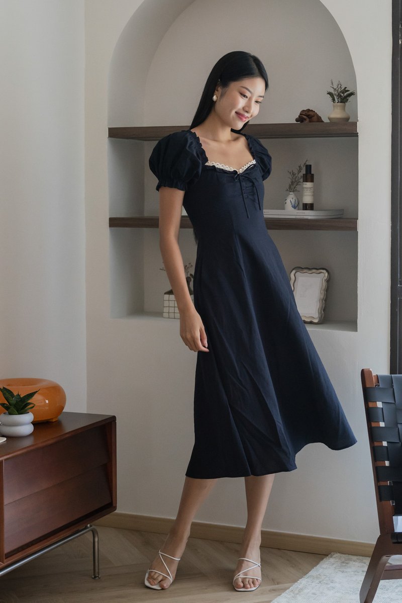 Phaedra Ribbon Lace Midi Dress In Navy (S)