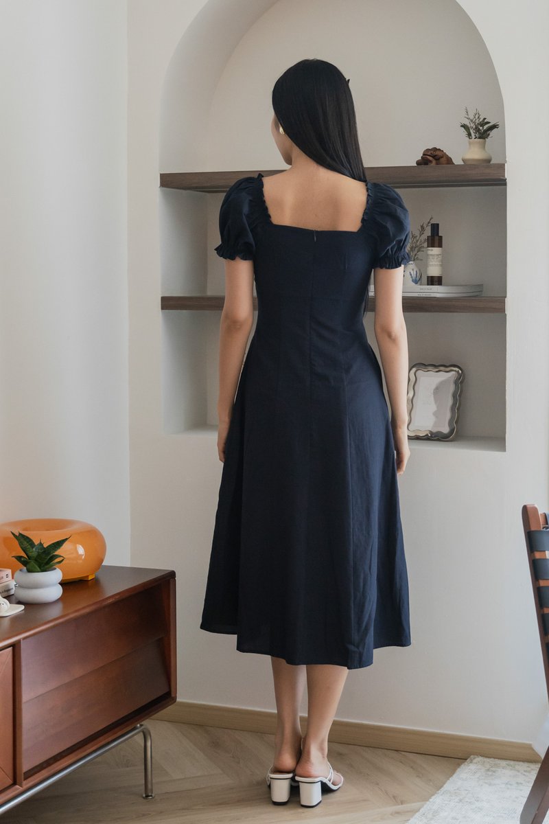 Phaedra Ribbon Lace Midi Dress In Navy (S)
