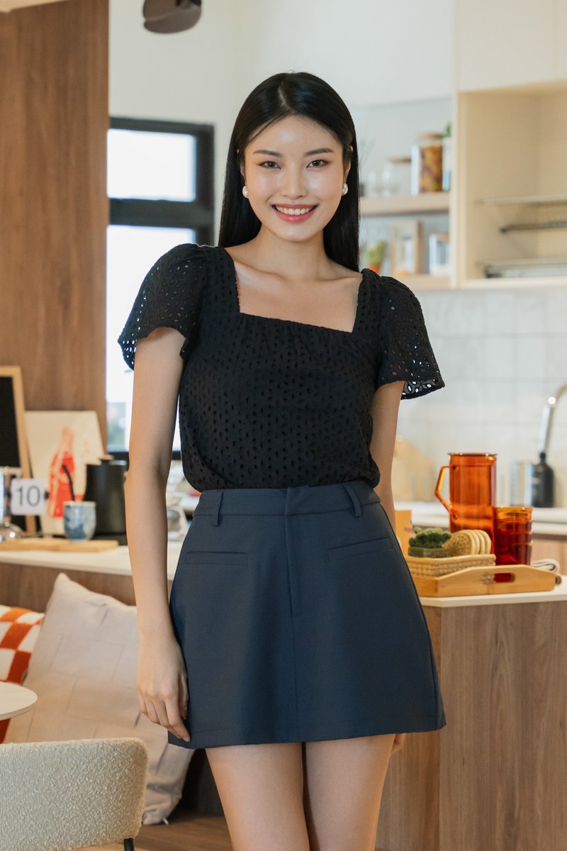 Selina Eyelet Square Neck Top In Black