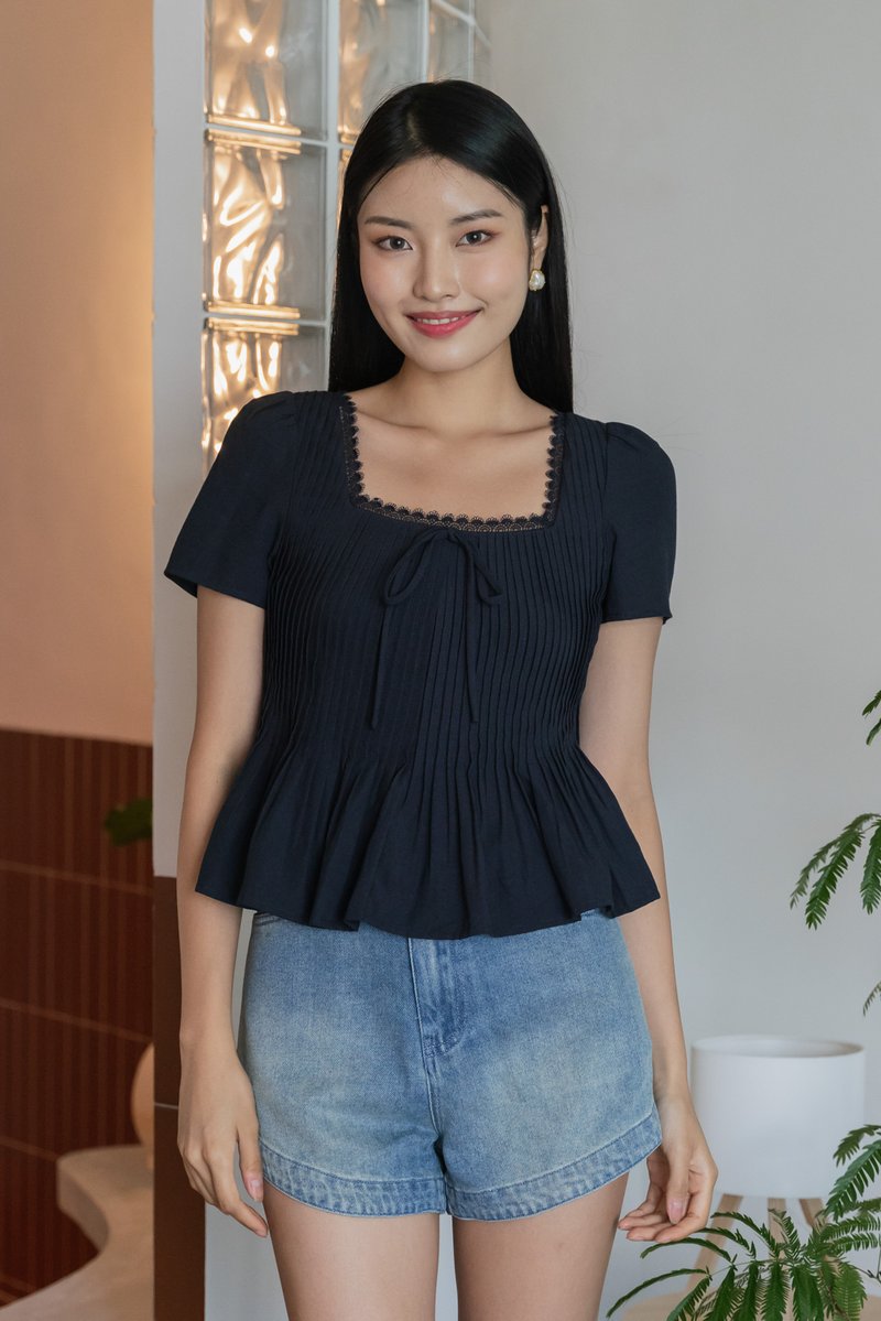 Jones Pintuck Lacey Ribbon Top In Navy