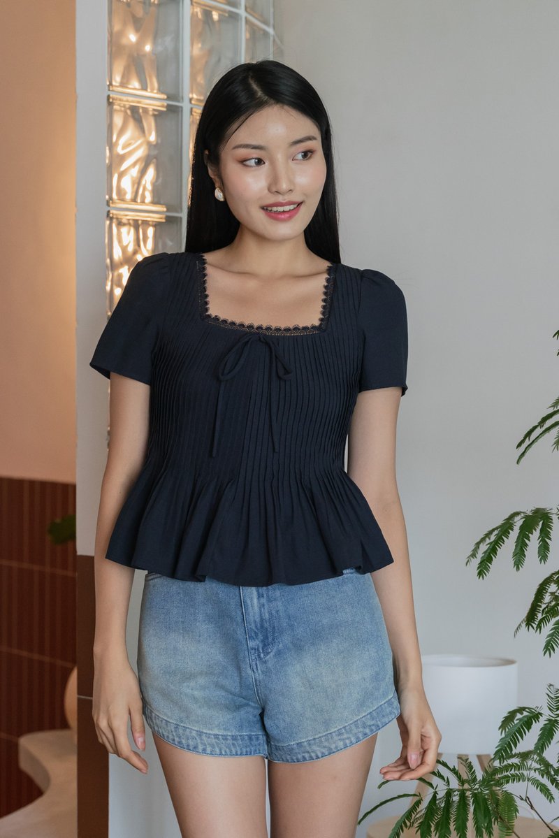 Jones Pintuck Lacey Ribbon Top In Navy