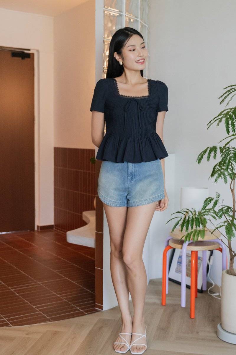 Jones Pintuck Lacey Ribbon Top In Navy
