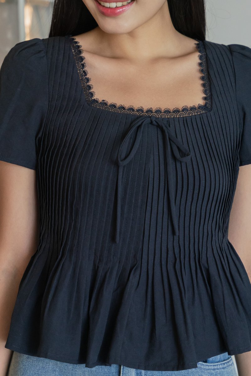 Jones Pintuck Lacey Ribbon Top In Navy